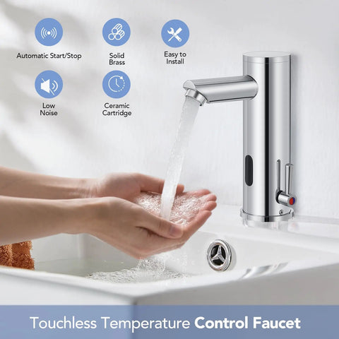 Touchless Bathroom Sink Faucet With Motion Sensor Hands Free Single Tap Easy Temperature Control Brass Body With Chrome Finish