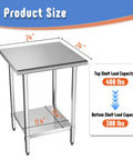 NSF Certified Stainless Steel Prep Table With Adjustable Undershelf 24 By 24 Inch Tabletop Heavy Duty Work Table dimensions