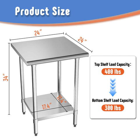NSF Certified Stainless Steel Prep Table With Adjustable Undershelf 24 By 24 Inch Tabletop Heavy Duty Work Table dimensions