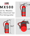 Hardcore Five Pound ABC Fire Extinguisher For Vehicle Marine Home Use With Refillable Dry Chemical Agent Mounting Bracket UL Listed USCG Approved Chrome Finish, shown in various angles with dimensions.