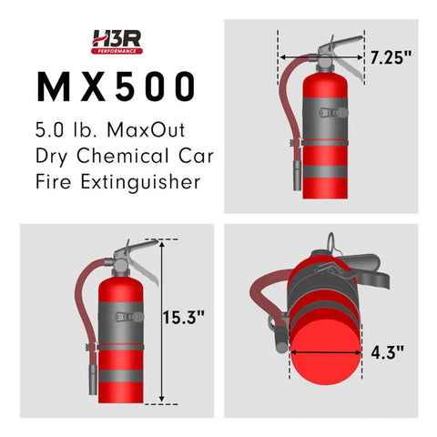 Hardcore Five Pound ABC Fire Extinguisher For Vehicle Marine Home Use With Refillable Dry Chemical Agent Mounting Bracket UL Listed USCG Approved Chrome Finish, shown in various angles with dimensions.