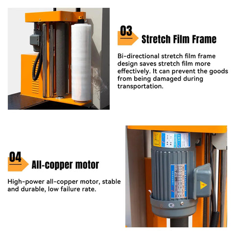 Heavy Duty Pallet Wrapping Machine With 65 Inch Turntable showing stretch film frame and all-copper motor for warehouse logistics