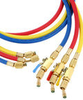 Refrigerant A/C charging hoses, close-up; 60in length, brass fittings and ball valves; red, blue, yellow; 1/4 in SAE.