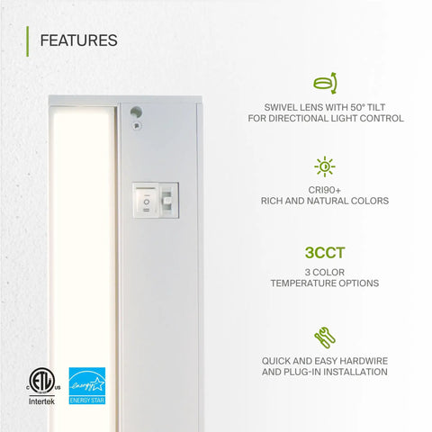 18 Inch Dimmable Under Cabinet Lighting With Swivel Lens 3CCT 2700K to 4000K Plug In Or Hardwired with feature highlights