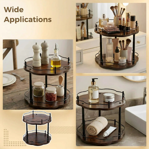 Wood Double Tier Lazy Susan Organizer For Kitchen And Pantry 12.99 Inch Rotating Turntable with spice and cosmetic storage