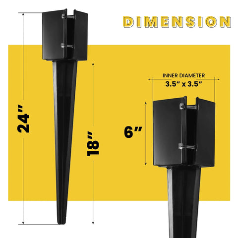 Dimensions of Heavy Duty 24 Inch Fence Post Anchor Ground Spike Set For 4x4 Posts Black Powder Coated Easy Install No Digging Or Concrete