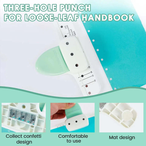 Three-Hole Mini Paper Puncher Portable Desktop Handheld Puncher With No-Fuss Eight-Sheet Capacity shown punching paper