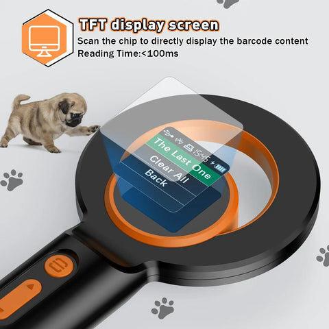Pet Microchip Scanner With 1.44 Inch OLED Display Reads 134.2kHz And 125kHz Chips shown with TFT screen and menu options.