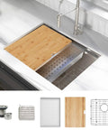 Undermount Workstation Sink 24 Inch 16 Gauge SUS304 Stainless Steel Single Bowl Bar Kitchen Sink With Bamboo Cutting Board And Accessories