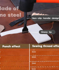 4 Piece Leather Stitching Punch Set With 1 2 4 6 Prongs, Hole Punch Tools in use showing non-slip handle and punch effects.