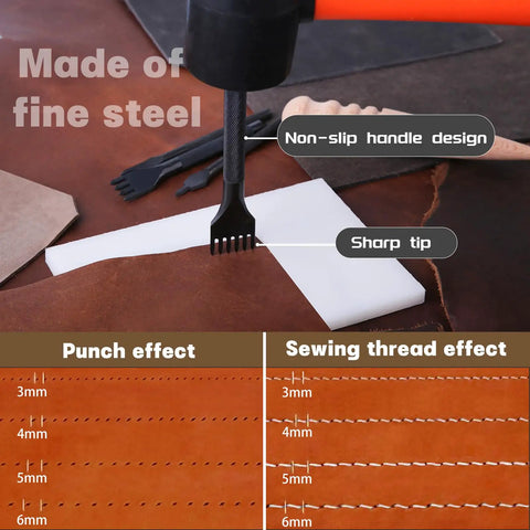 4 Piece Leather Stitching Punch Set With 1 2 4 6 Prongs, Hole Punch Tools in use showing non-slip handle and punch effects.