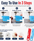 Automatic Needle Threader Tool With Built In Magnifier And Scale For Quick Sewing, Quilting, Embroidery And DIY Projects, No Fuss Threading In Seconds, Red. Blue tool shown in 3 steps for sewing machine needle threading.