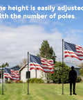 Image showing the 10 Ft In Ground Flag Pole Kit with Five Prongs Base demonstrating adjustable heights at 6ft, 8ft, and 10ft