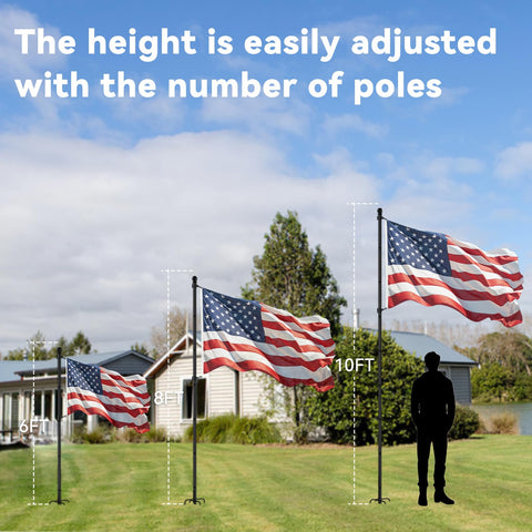 Image showing the 10 Ft In Ground Flag Pole Kit with Five Prongs Base demonstrating adjustable heights at 6ft, 8ft, and 10ft