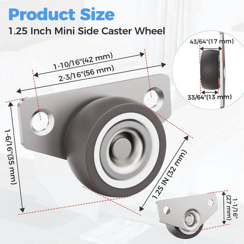 Mini Side Mount Casters 1.25 Inch Low Profile Rigid Non Swivel Rubber Wheels for sliding doors, drawers, cabinets, quiet movement