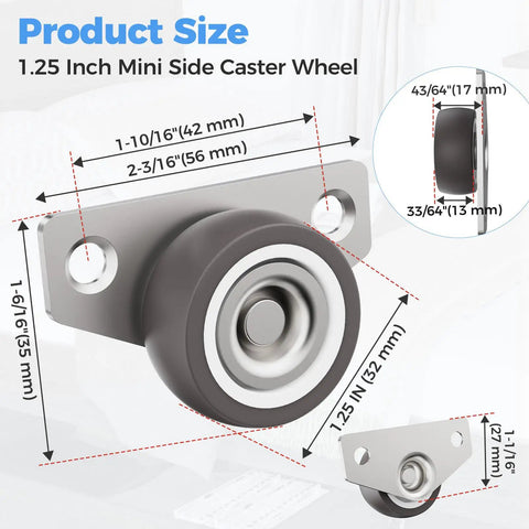 Mini Side Mount Caster Wheels With Cushioned Rubber Treads And Low Profile Build; 1.25 inch size showing dimensions and design features.