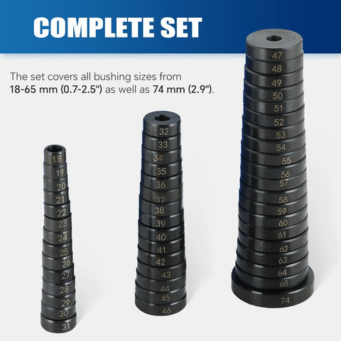 ATP Bush Bearing and Seal Driver Set, 52pc; three stacks of black metal bushings with sizes 18-65 mm and 74 mm.