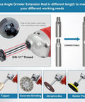 Illustration of Versatile Angle Grinder Attachments Kit With 3, 4 And 5.5 Inch Extension Rods 14 Piece Set Featuring 5/8-11 Thread