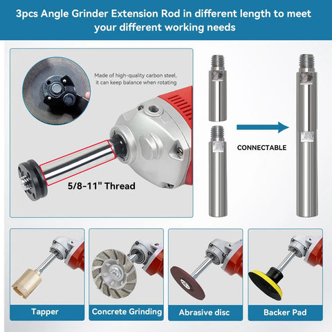 Illustration of Versatile Angle Grinder Attachments Kit With 3, 4 And 5.5 Inch Extension Rods 14 Piece Set Featuring 5/8-11 Thread