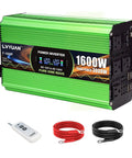 Weekend Warrior Pure Sine Wave Power Inverter That Converts 12V Dc To 120V Ac Output With Four Main Outlets And Rapid Usb Charging, showing a green inverter with remote.