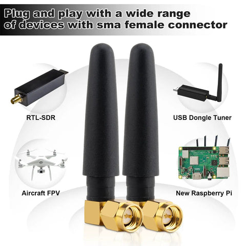 Two black antennas for 433MHz Omnidirectional SMA Male 3dBi Thumb Antenna with various compatible devices in background