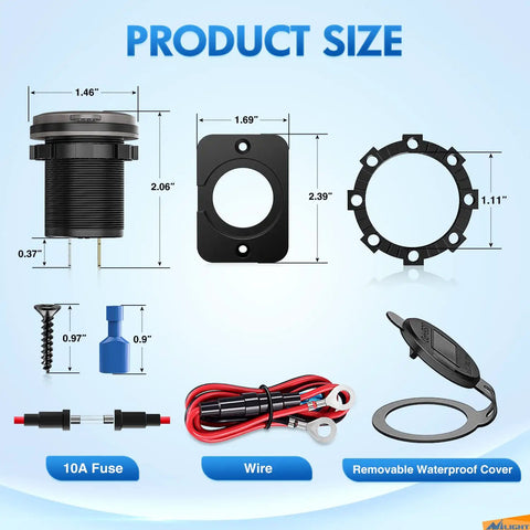 Ride Ready USB PD Type C Car Charger Socket With Digital Voltmeter And Rocker Switch Straight Shooter size details and components