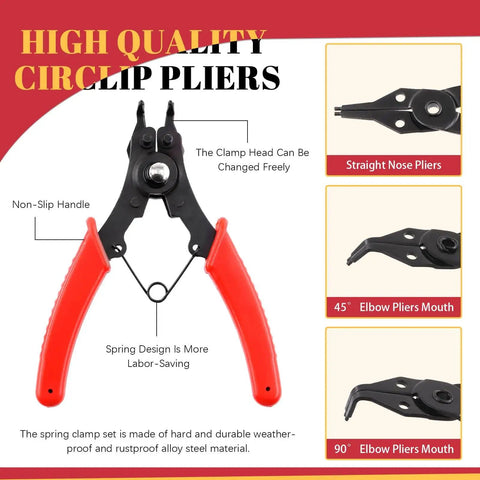 High quality circlip pliers with red handles and various nose angles, featuring Pro Grade Alloy Steel External And Internal Retaining Ring Set 261 Pcs With 16 Sizes 4mm To 30mm Includes 4 In 1 Snap Ring Pliers And Wrist Pin Clips For DIY Repair Projects.