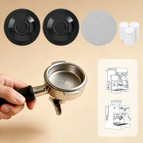 15 Piece Espresso Cleaning Kit For 54mm Home Espresso Machines Including Ninja Luxe Cafe And Breville Models With Brushes Descaler Wipes Nozzle caps, puck screen, cleaning tablets, and portafilter