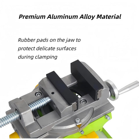 Cross Slide Drill Press Vise With 2 Way X Y Travel Benchtop Clamp, aluminum body with rubber jaw pads, front view.