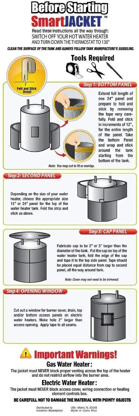 Instructional diagram showing installation of 5mm Polyethylene Water Heater Blanket Insulation For 20 To 80 Gallon Tanks No Fiberglass Non-Toxic Energy Star Certified Easy To Install And Clean R Value 7.1 Cuts Heat Loss By Forty Percent Saves You Money, including required tools and safety warnings.