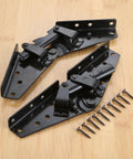 Iron Adjustable 3-Position Sofa Bed Angle Hinge Set For Easy Conversion, 2 Pack, Black Finish, with screws on wood surface.