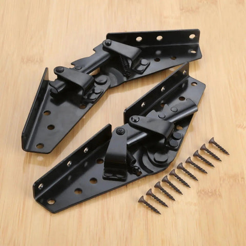 Iron Adjustable 3-Position Sofa Bed Angle Hinge Set For Easy Conversion, 2 Pack, Black Finish, with screws on wood surface.