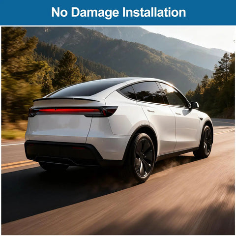 Precision Fit No Drill Rear Trunk Spoiler For Tesla Model Y Juniper 2025 2026 Upgrade with sleek design on a road.