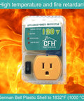 Beefy Heavy Duty 20 Amp 2400 Watt Appliance Surge Protector with Smart Circuit Plug and Outlet Saver against fiery background