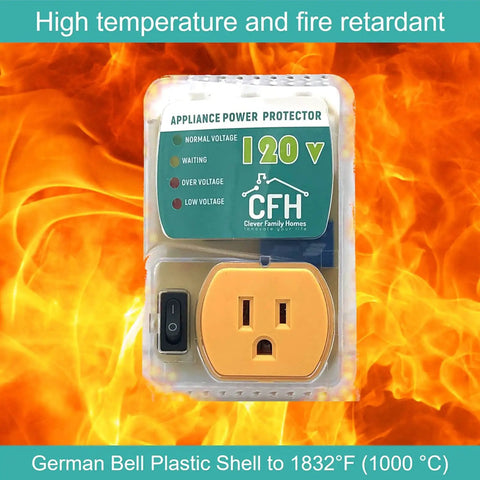 Beefy Heavy Duty 20 Amp 2400 Watt Appliance Surge Protector with Smart Circuit Plug and Outlet Saver against fiery background