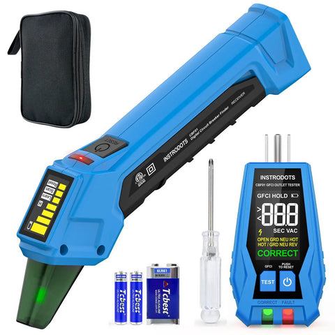 Digital Circuit Breaker Finder With GFCI Tester And Color LCD Display For Ninety To One Hundred Thirty Five Volts AC Circuits Quick Breaker Identification Built In Buzzer Alarm Batteries Included And Carrying Case Easy Setup displayed with carrying case and batteries