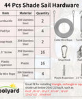 44-piece Shade Sail Hardware Kit details chart with 304 stainless steel components and vinyl coated cable, perfect for outdoor use