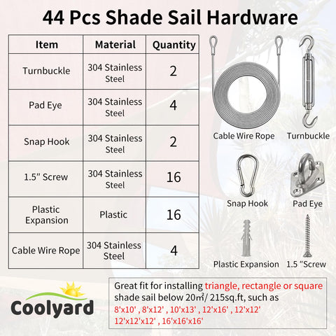 44-piece Shade Sail Hardware Kit details chart with 304 stainless steel components and vinyl coated cable, perfect for outdoor use