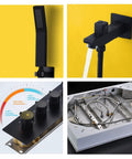 Top Shelf Thermostatic Ceiling Rain Shower Set Featuring Twelve Led Color Tones And No Stress Temperature Lock, showcasing black handheld sprayer and valve controls.