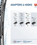 Diagram showing adapters and hooks for 18 Inch All Season Wiper Blades Streak Free Rubber With Graphite Coating on white background.