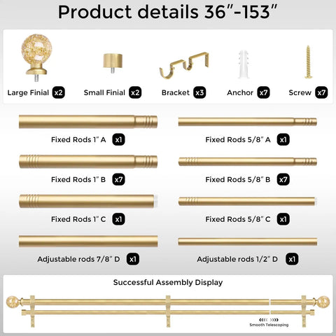 Gold Extra Long Dual Curtain Rod Set 36 To 153 Inches Adjustable Heavy Duty Vintage Spliced with Crystal Foil Finials components