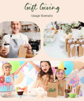 Collage showing Brown Kraft Gift Bags With Handles 5.25x3.75x8 Inches 20 Pack used for gifts in various settings.