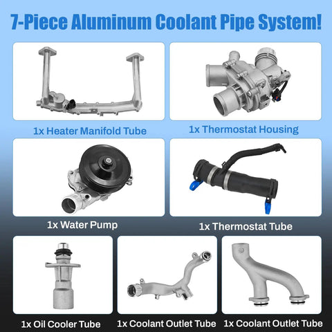 7-Piece Aluminum Coolant Pipe Kit Upgrade For Jaguar F Type F Pace, includes water pump, heater manifold, thermostat housing.