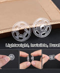 Clear Snap Buttons Set 100 Packs Four Sizes 7mm 10mm 15mm 18mm Invisible Sew On Round Plastic Snaps for Sewing Shirts Clothing DIY Crafts No Fuss Durable Easy Closure, transparent sewing buttons on display.