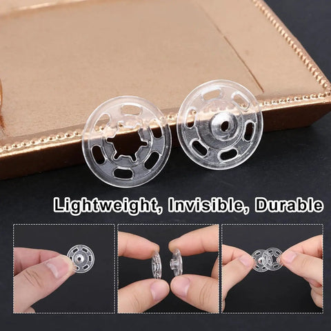 Clear Snap Buttons Set 100 Packs Four Sizes 7mm 10mm 15mm 18mm Invisible Sew On Round Plastic Snaps for Sewing Shirts Clothing DIY Crafts No Fuss Durable Easy Closure, transparent sewing buttons on display.