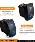 Universal 12V Rock Lights Wiring Harness Kit rocker switch with LED light up effect, blue backlight, and power indicators