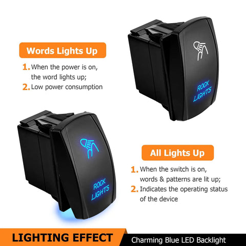 Universal 12V Rock Lights Wiring Harness Kit rocker switch with LED light up effect, blue backlight, and power indicators
