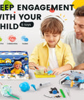 Father and son experimenting with Six In One STEM Home Lab Science Kit For Kids Aged 8 To 12 With Tank And Car Builds Saltwater Generator