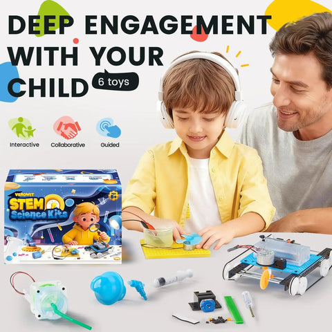 Father and son experimenting with Six In One STEM Home Lab Science Kit For Kids Aged 8 To 12 With Tank And Car Builds Saltwater Generator
