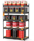 Beefy 4000 Lbs Five Tier Metal Garage Shelving Unit With 72 Inch High, 48 Inch Wide, 24 Inch Deep, Matte Black Powder Coat Finish, Heavy Duty Steel Storage Rack Built To Last In Tough Garage with paint cans and bins